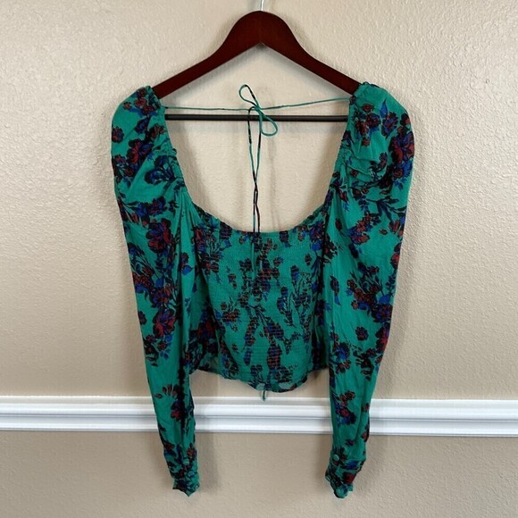 Free People Hilary Print Top Green Combo Shirt Crop Long Sleeve Blouse Size M T3 - Picture 4 of 11